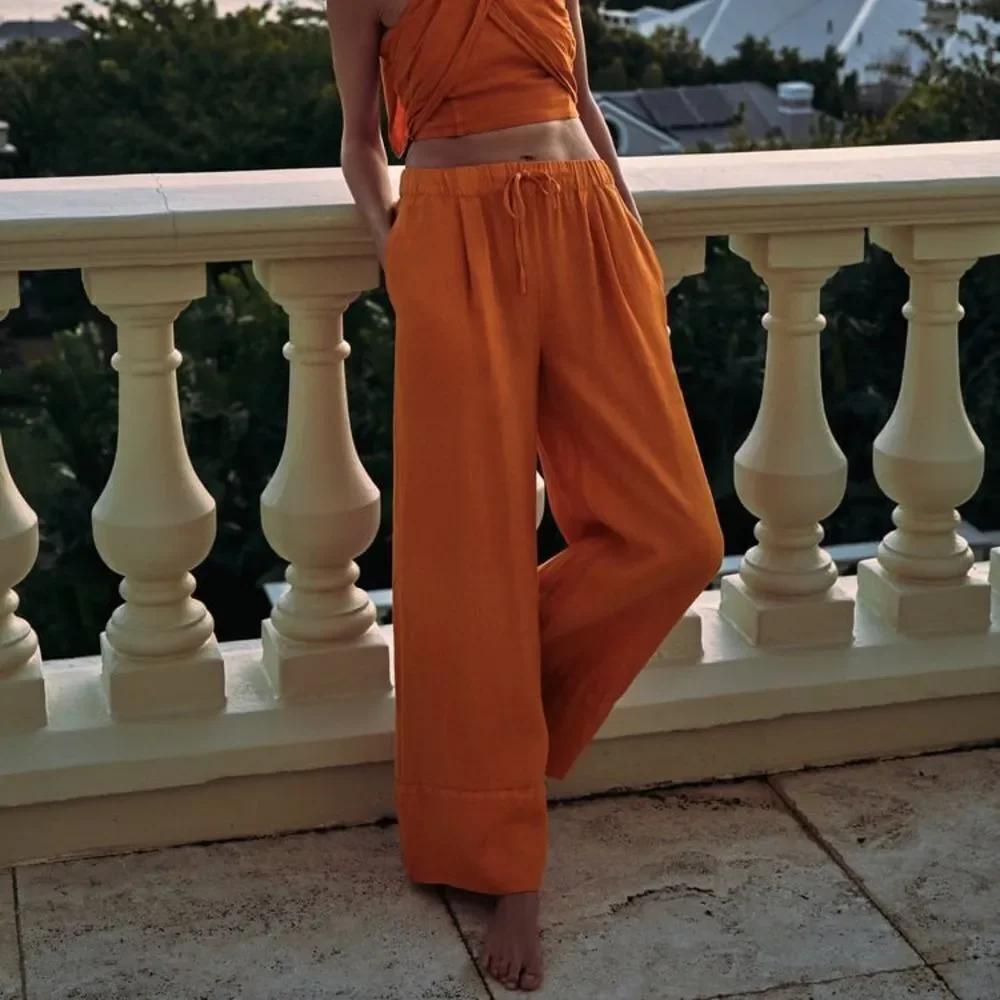 Zara Orange 100% Linen Palazzo Pants New